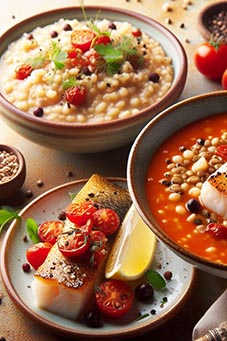un plato de lentejas, un plato de bacalao al horno, y arroz con leche
